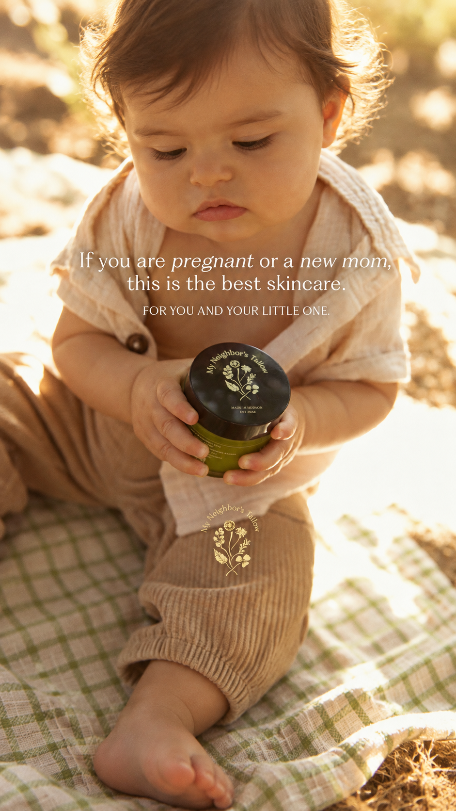 My Neighbor’s pregnancy-safe skincare campaign featuring a baby holding the product
