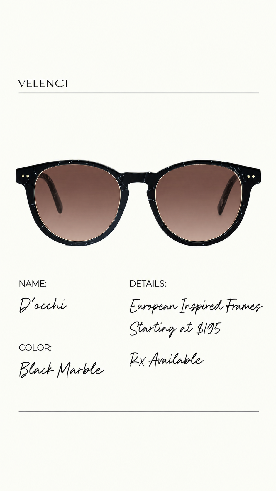 Velenci D’occhi prescription eyewear campaign creative
